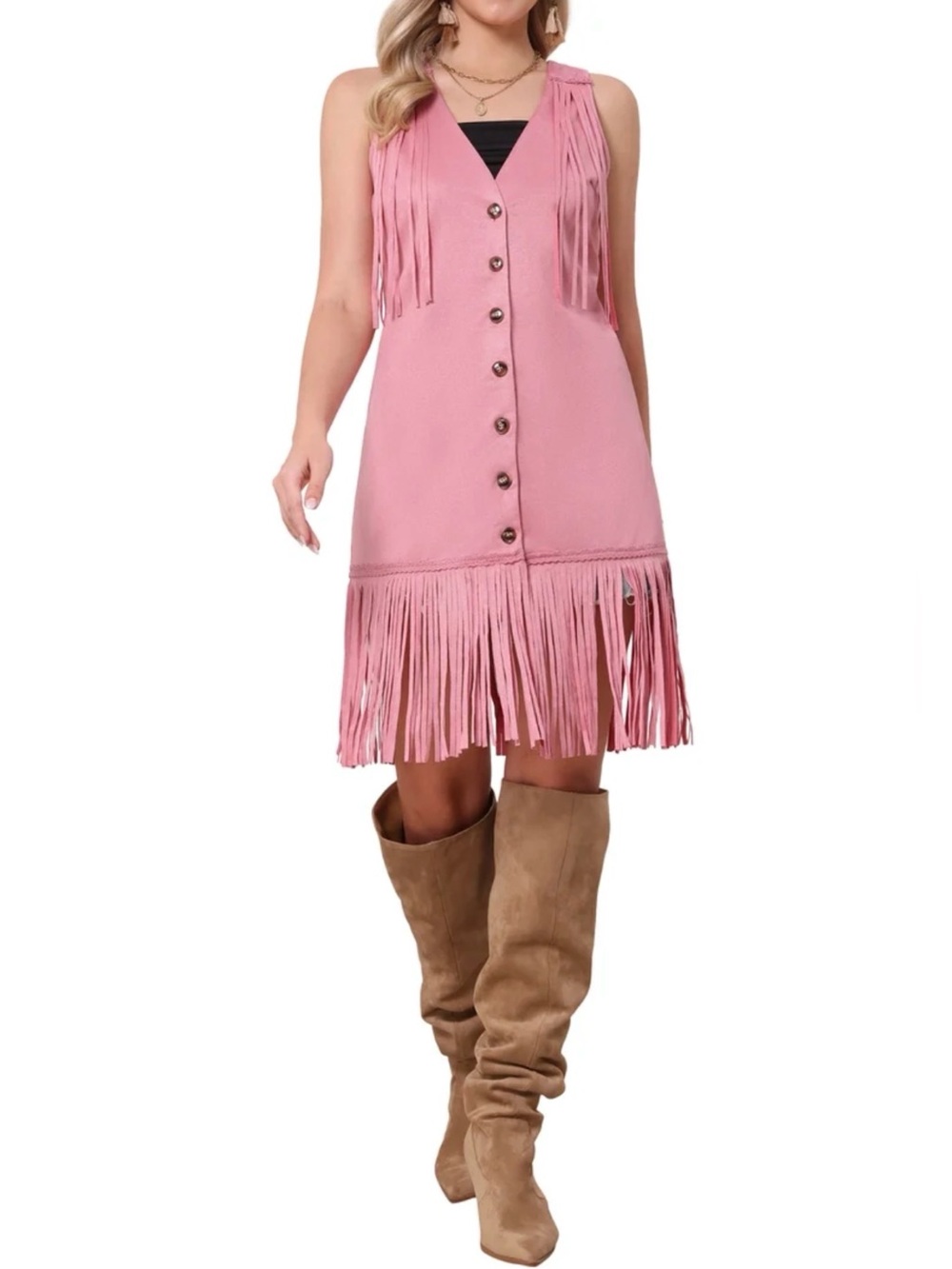 Pink Fringe Button-Front Sleeveless Dress